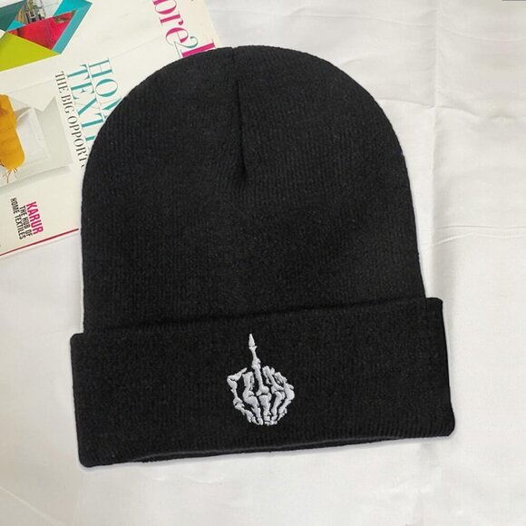 Horned Hand Beanie Hat for Men Women Knit Winter Cap Embroidered Skull Finger Ca - Picture 2 of 5